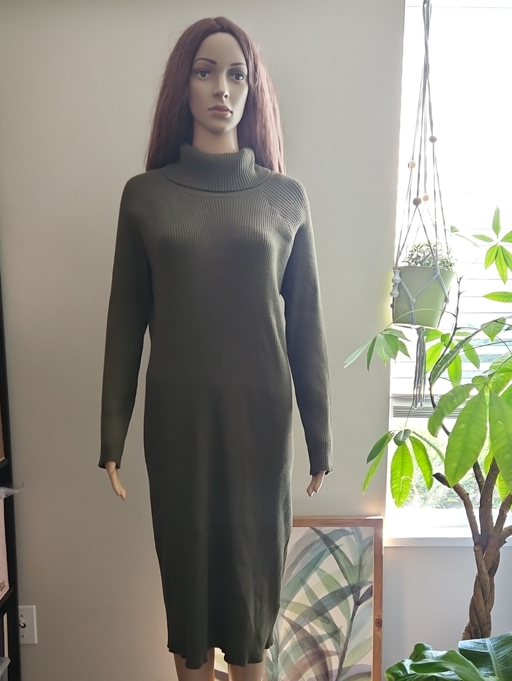 Jackson Rowe Sweater Dress Olive Green Ribbed Turtleneck Midi Long Sleeves